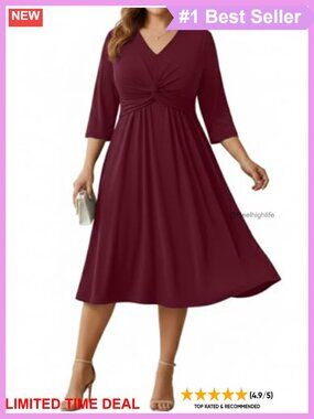 Plus Size Midi Dress V-Neck 3/4 Sleeve A-Line Wedding Guest Semi-Formal